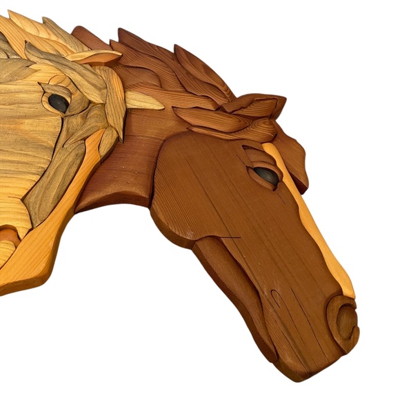INTARSIA WOODCRAFTS WOODEN SCULPTED WALL ART 3 HORSE HEAD - Picture 6 of 9